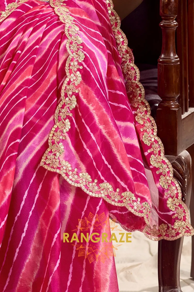 Hot Pink Pure Chiffon Saree with Striped Pattern and Embroidered Border