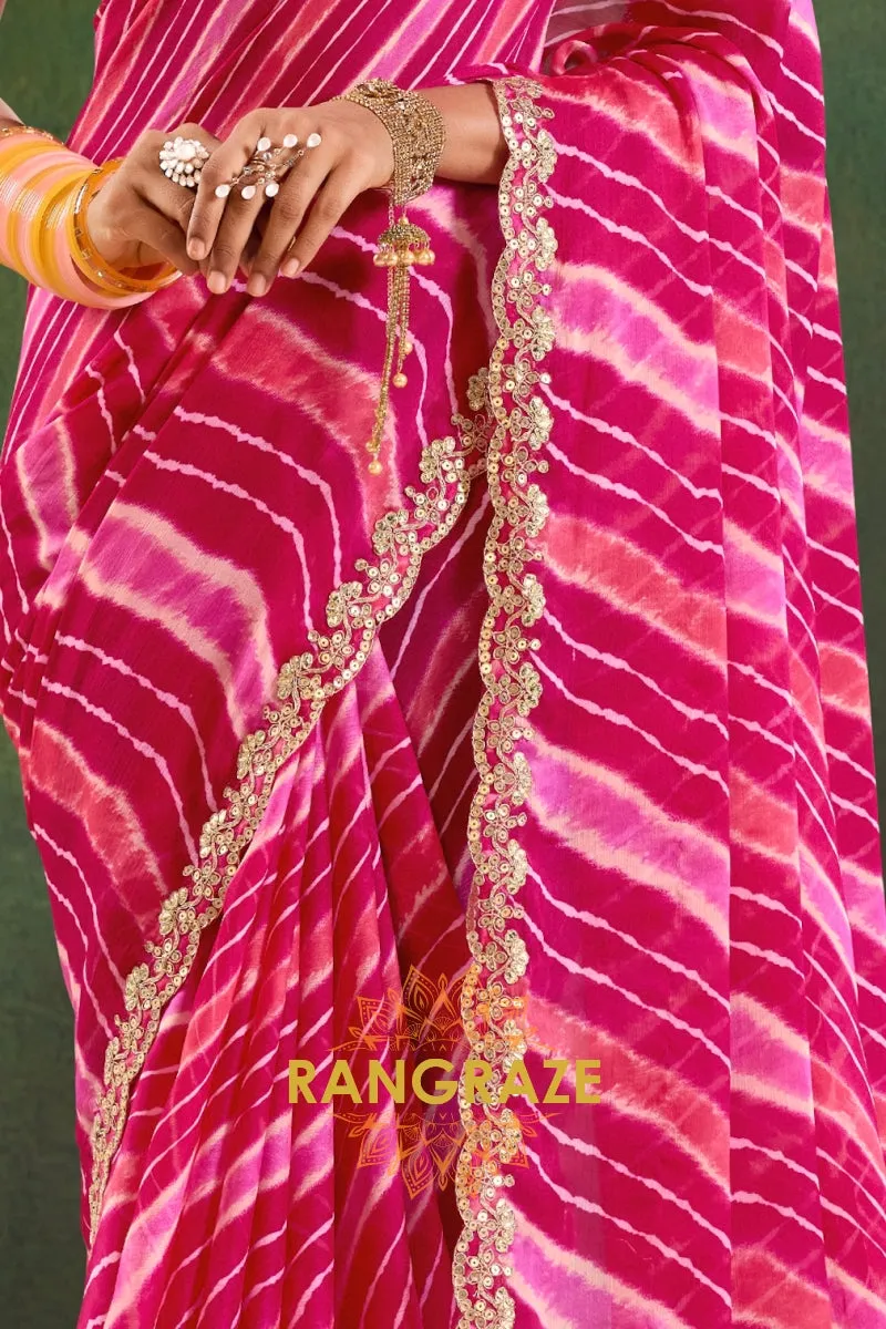 Hot Pink Pure Chiffon Saree with Striped Pattern and Embroidered Border