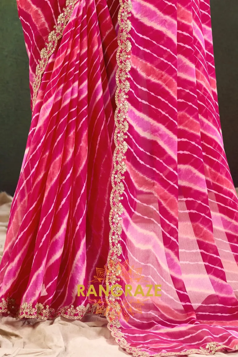 Hot Pink Pure Chiffon Saree with Striped Pattern and Embroidered Border