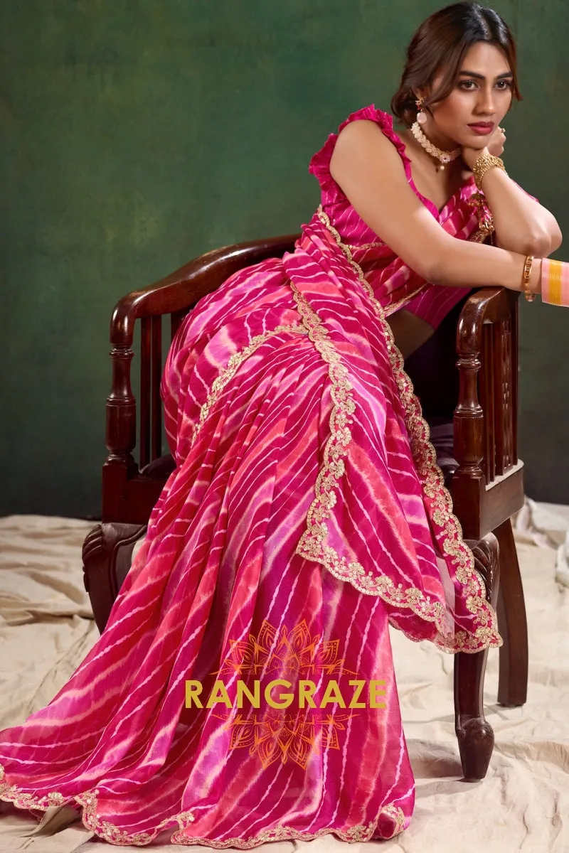 Hot Pink Pure Chiffon Saree with Striped Pattern and Embroidered Border