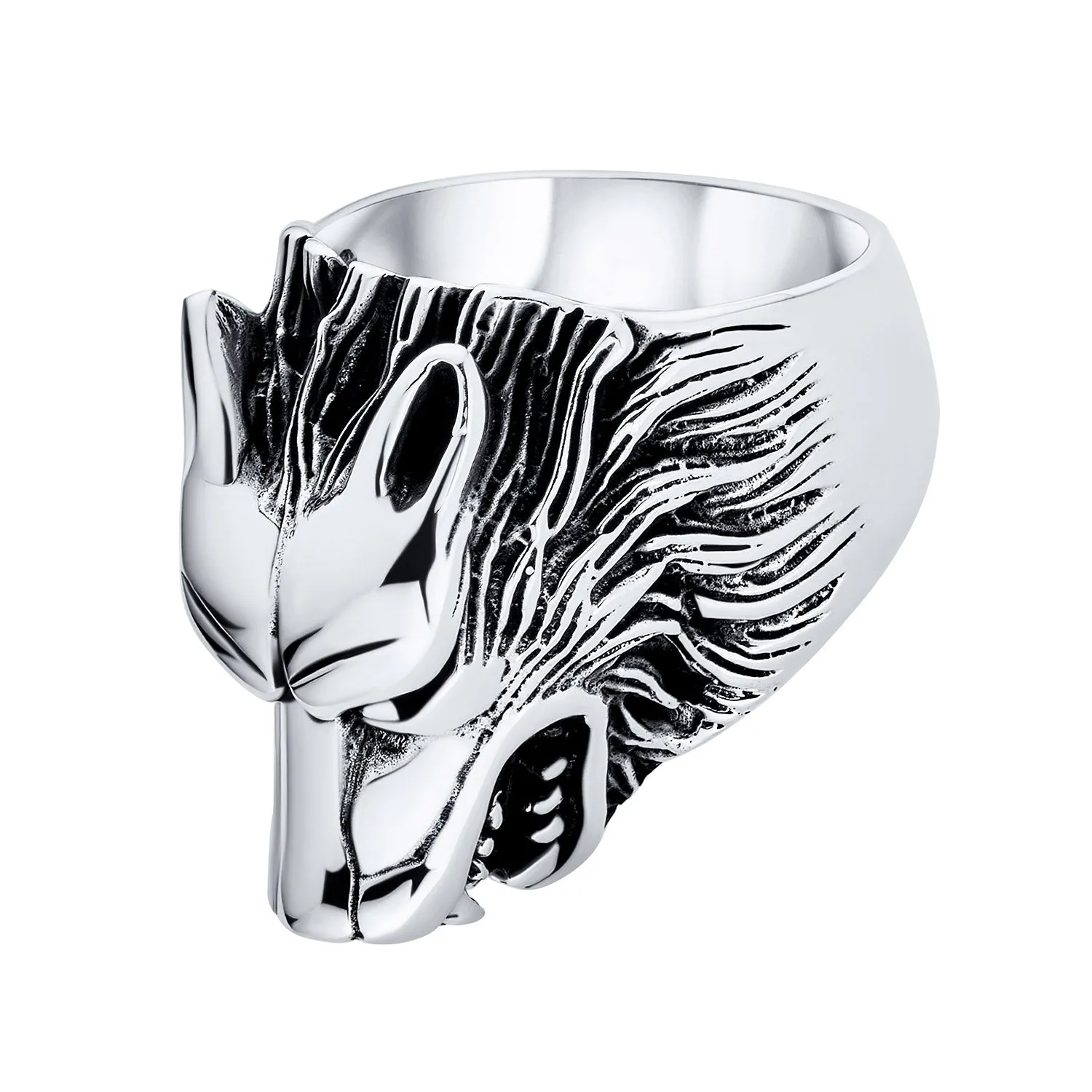 Hunter Norse Viking Warrior Mens Silver Ring with Fierce Roaring Wolf Head Design