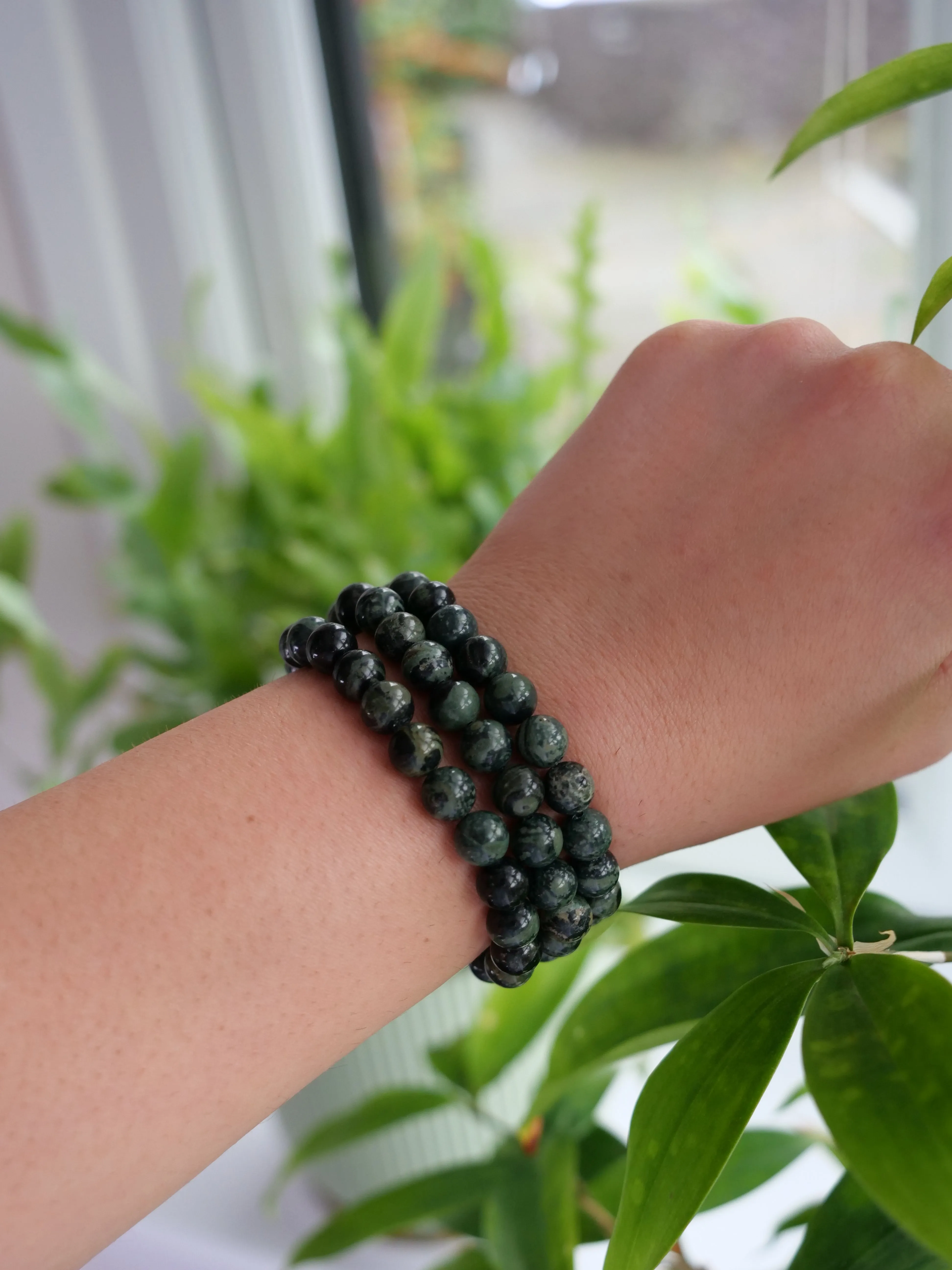 Kambaba Jasper8mm Beaded Natural Gemstone Elastic Bracelet, Genuine Top Grade Gift Jewelry, Men Women Fashion Crystal Energy Jewellery