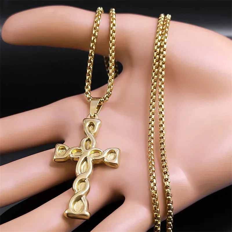 Knot Cross Pendant Necklace for Men Women Stainless Steel Gold Color Male Female Necklaces