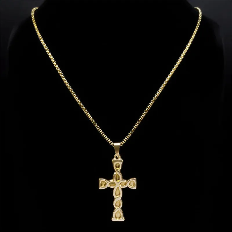 Knot Cross Pendant Necklace for Men Women Stainless Steel Gold Color Male Female Necklaces