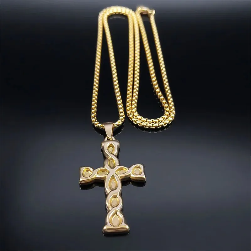 Knot Cross Pendant Necklace for Men Women Stainless Steel Gold Color Male Female Necklaces