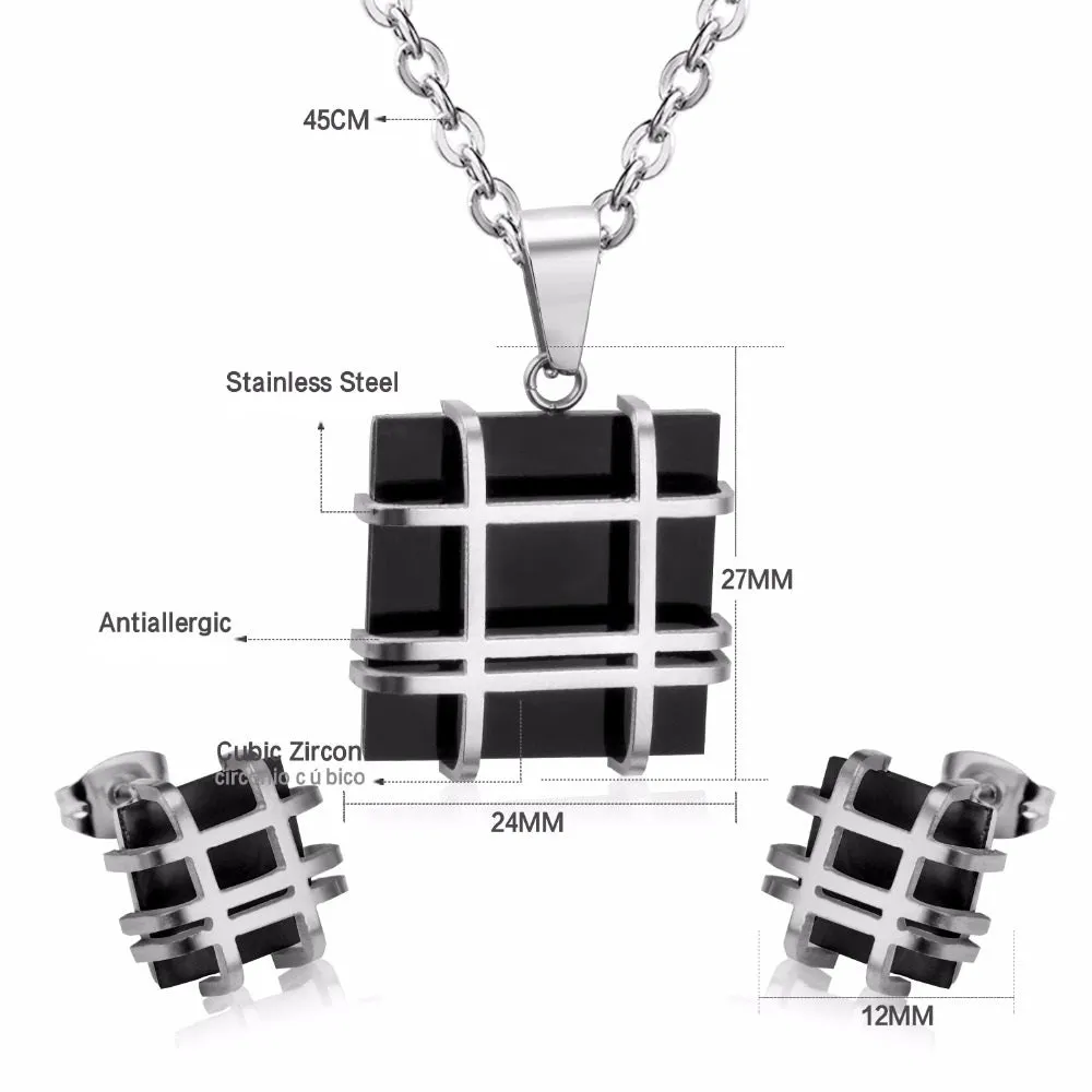 Ladies Gold Silver Stainless Steel Geometry Square Shape Earrings Necklace Set
