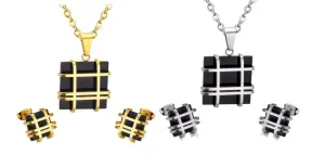 Ladies Gold Silver Stainless Steel Geometry Square Shape Earrings Necklace Set