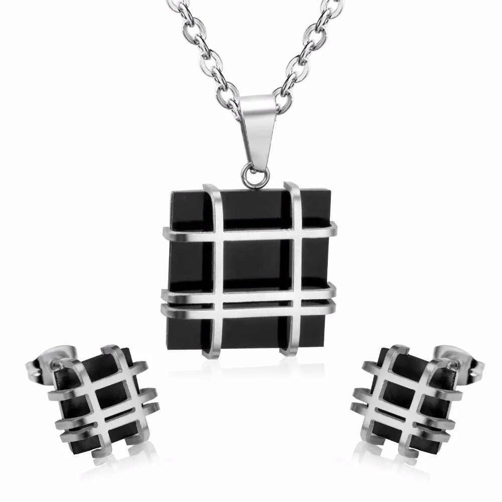 Ladies Gold Silver Stainless Steel Geometry Square Shape Earrings Necklace Set