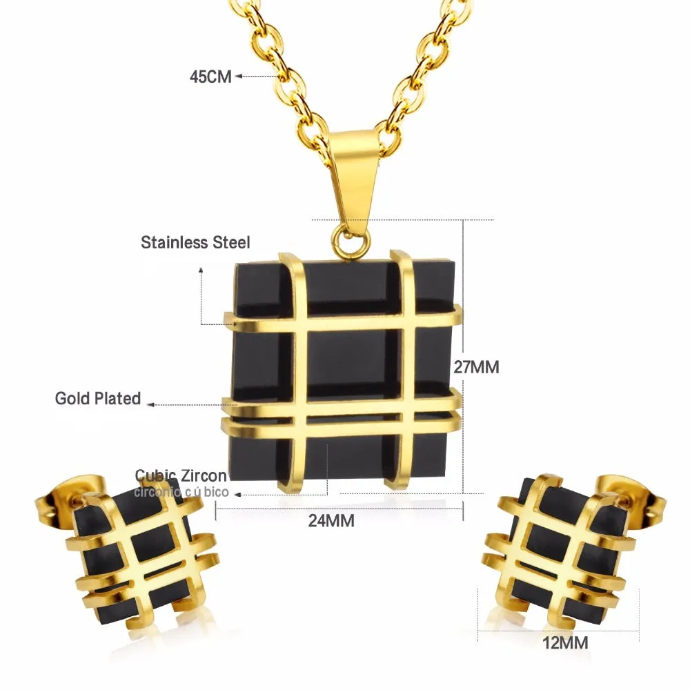 Ladies Gold Silver Stainless Steel Geometry Square Shape Earrings Necklace Set