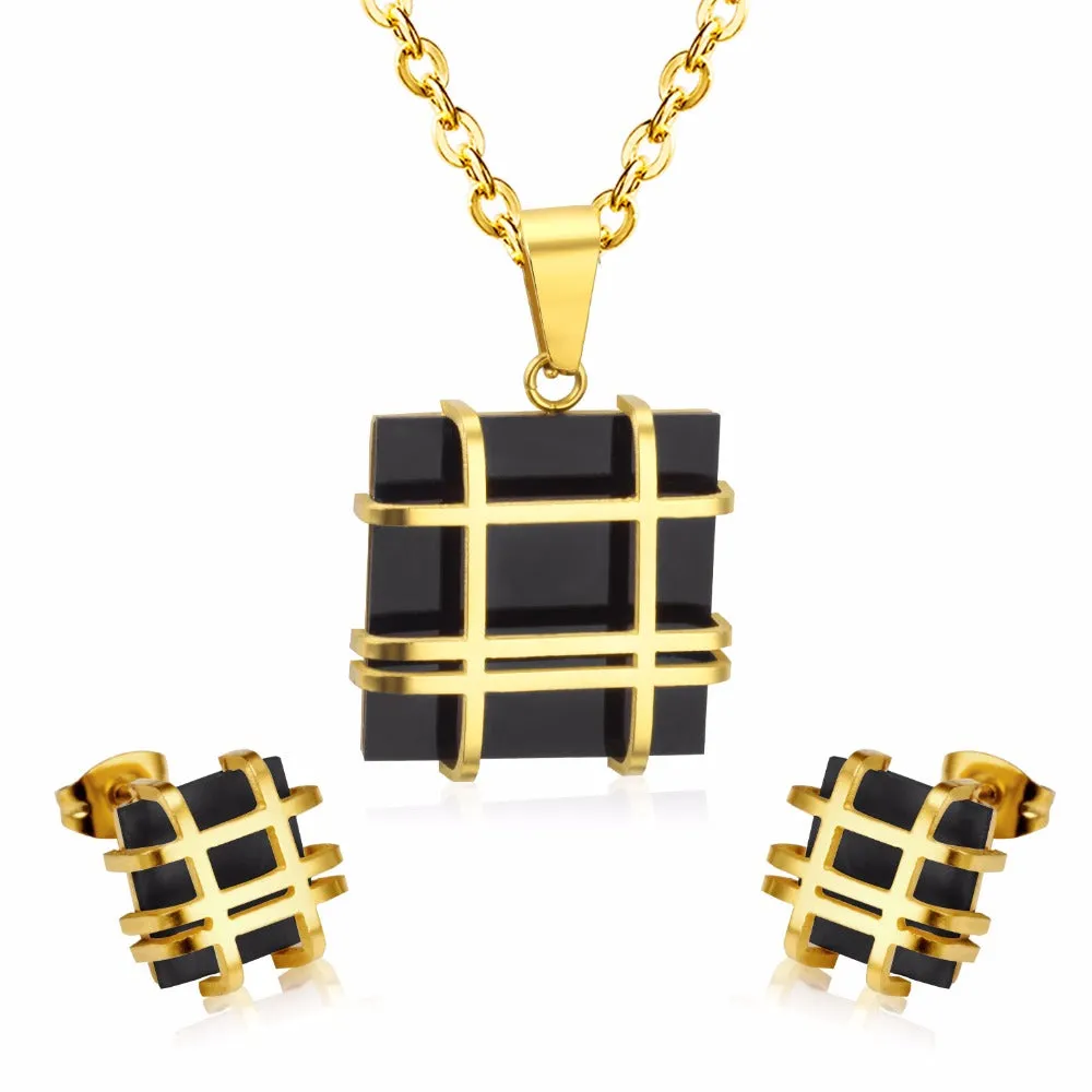Ladies Gold Silver Stainless Steel Geometry Square Shape Earrings Necklace Set