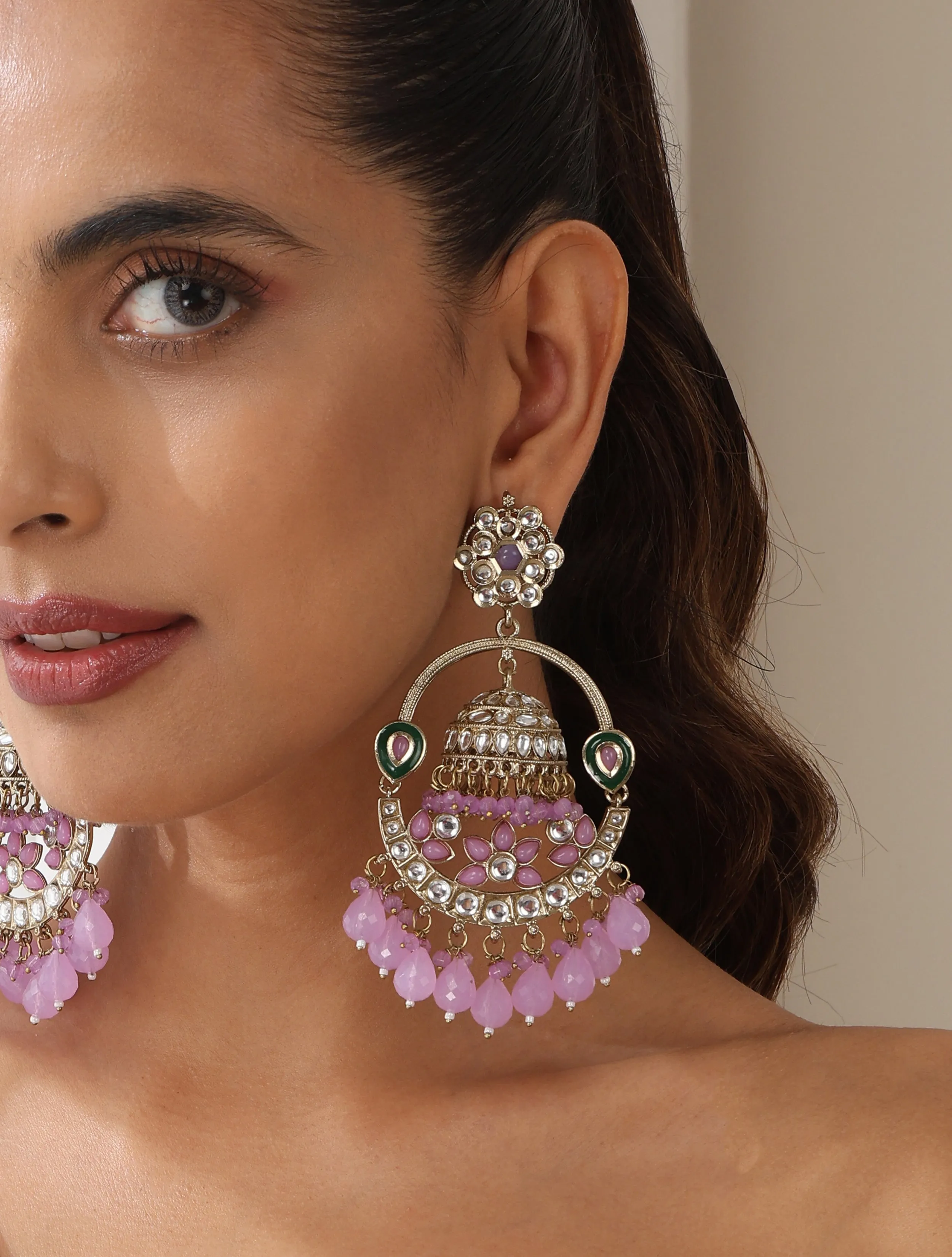 Light Purple Round Color Kundan Jhumka Earrings