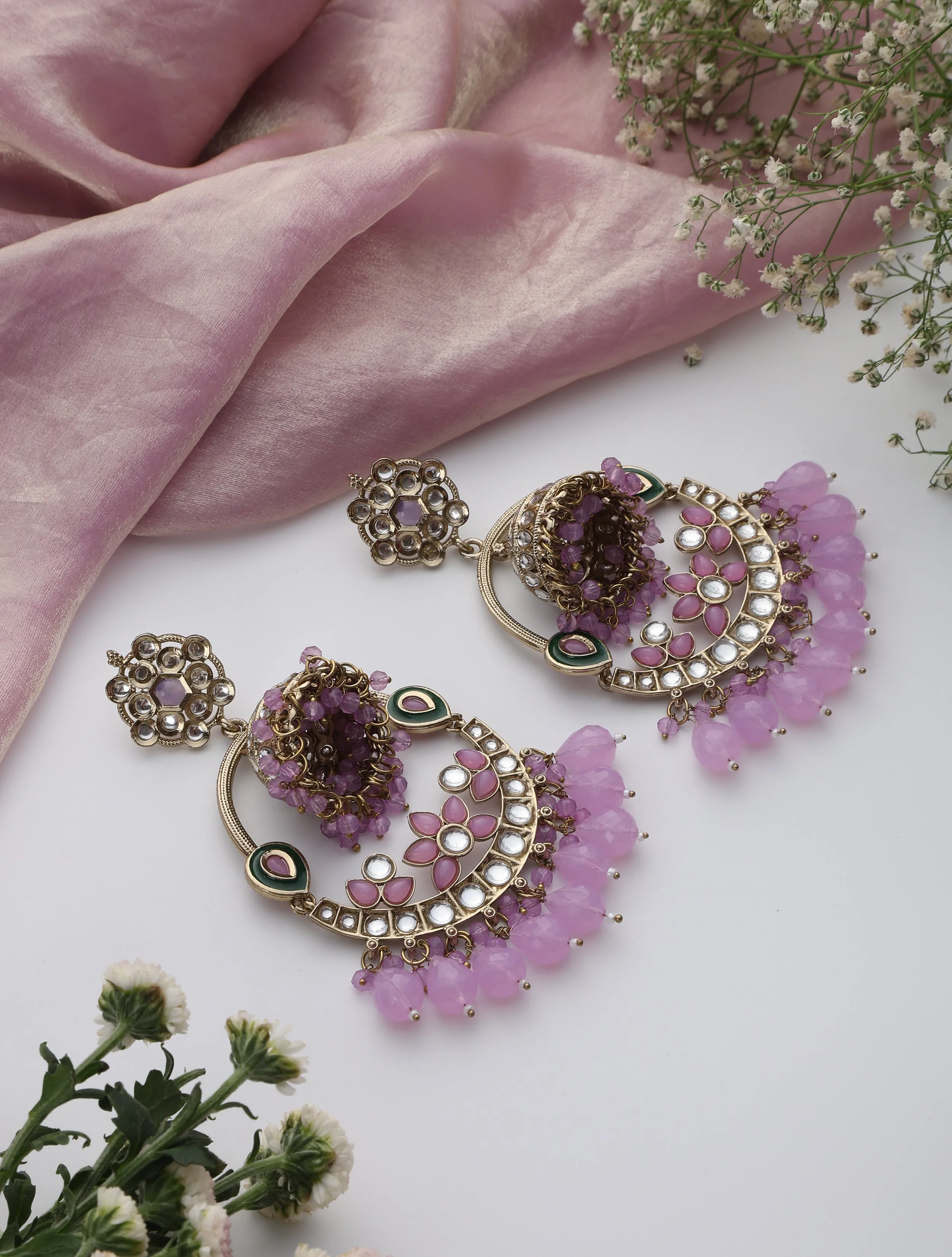 Light Purple Round Color Kundan Jhumka Earrings
