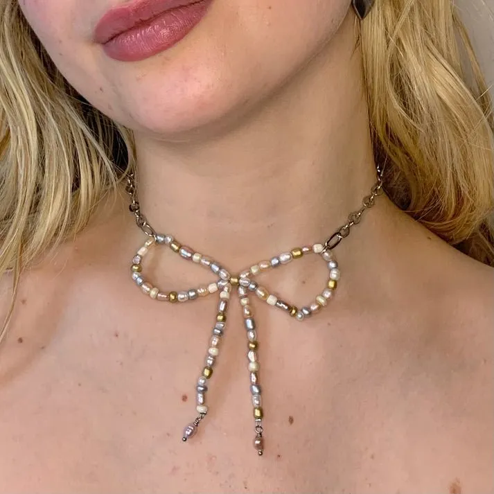 LILOU Gems Pearl Bow Necklace (Gold or Silver)