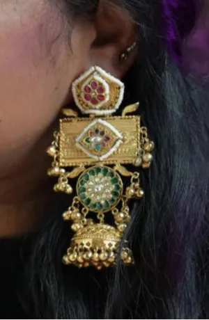 Long Gold Green Ruby Jhumka Jhumki Fusion Earrings