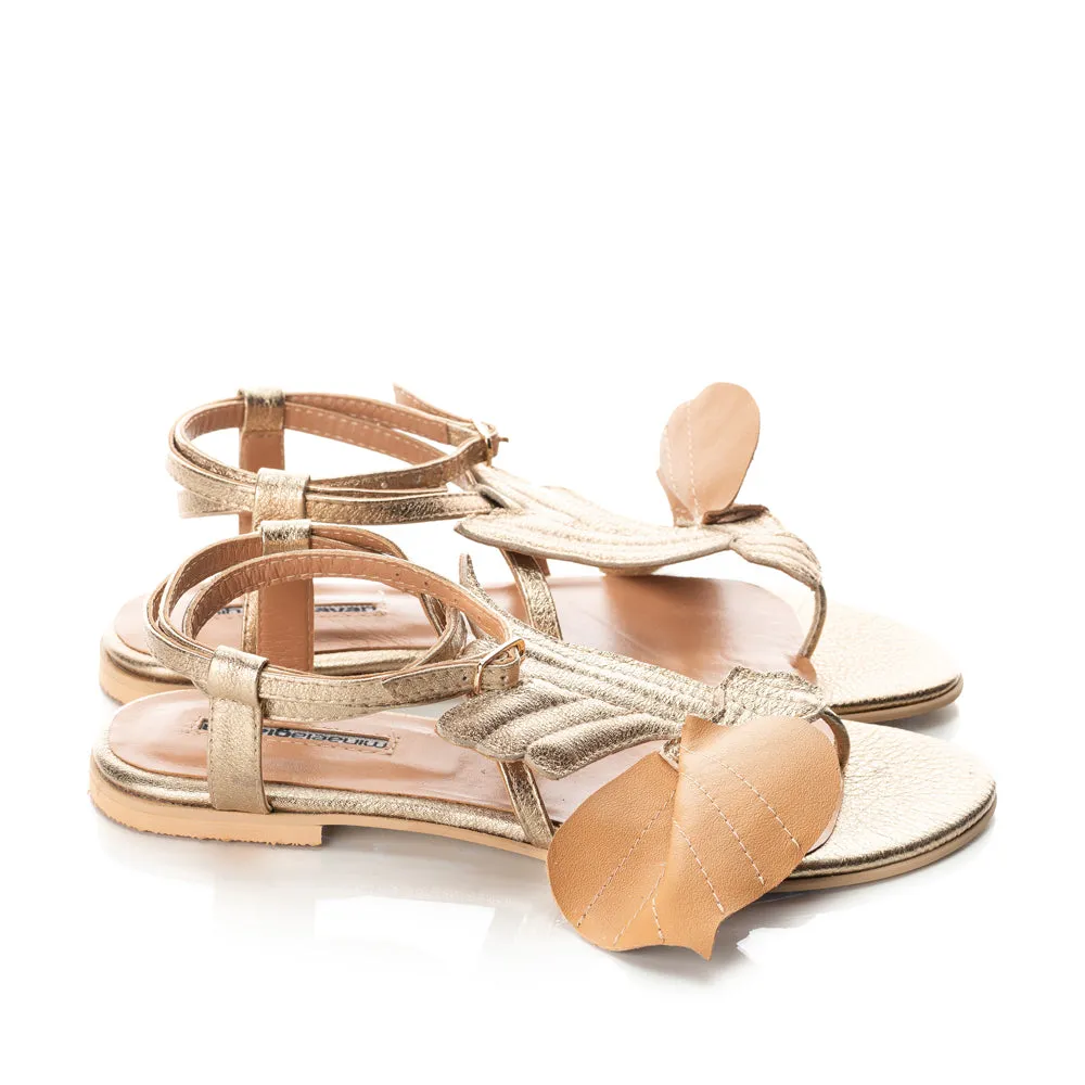 Love poem golden leather flat sandals