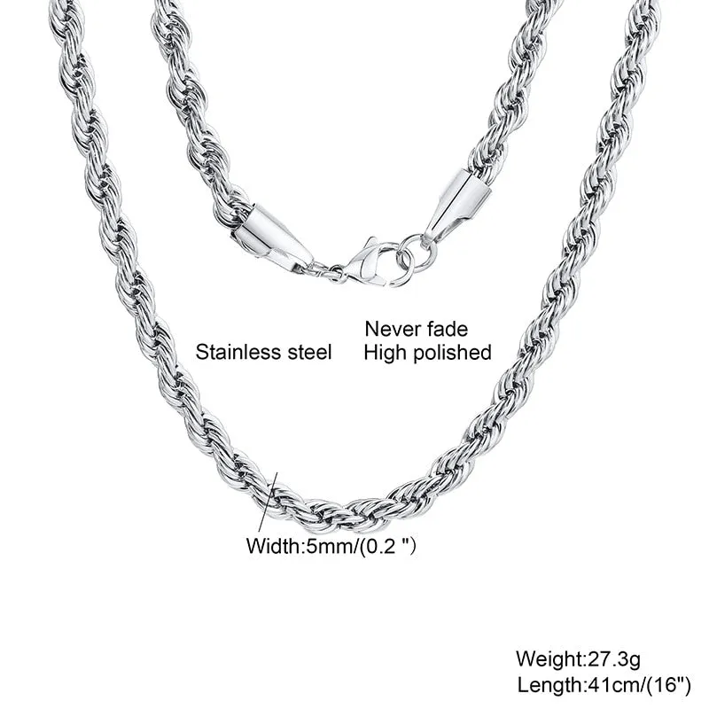 Men Ropes Long Necklace Stainless Steel Minimalist Twist Rope Chain Necklace