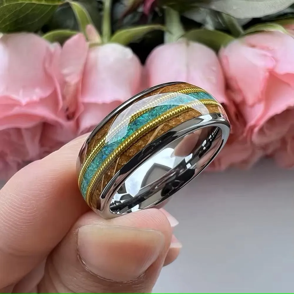 Men's Wood Guitar String Opal Inlay Comfort Fit Tungsten Ring