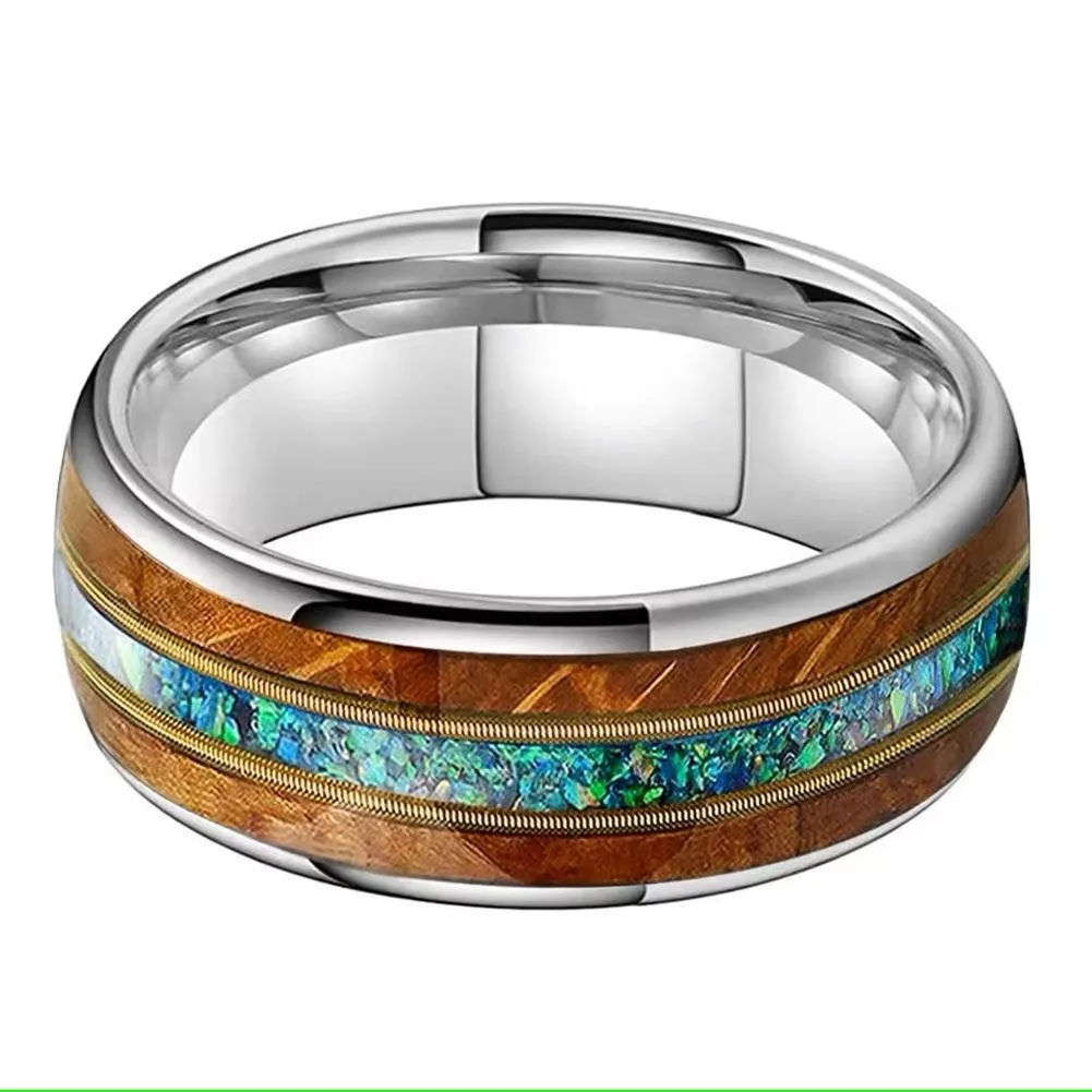 Men's Wood Guitar String Opal Inlay Comfort Fit Tungsten Ring