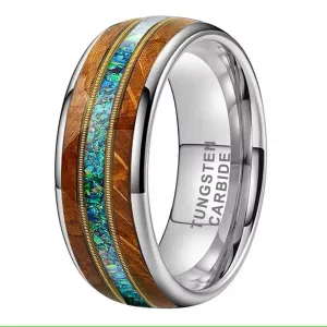 Men's Wood Guitar String Opal Inlay Comfort Fit Tungsten Ring