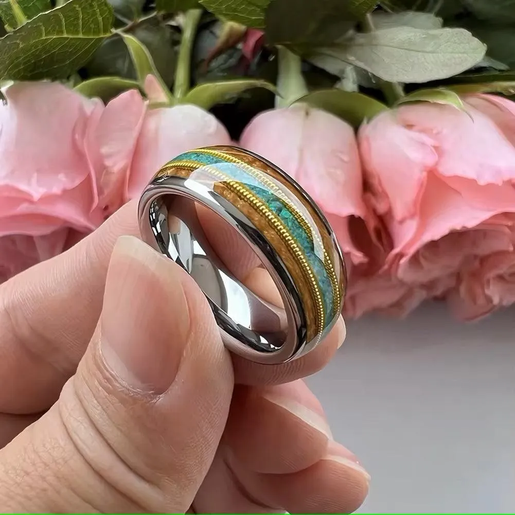 Men's Wood Guitar String Opal Inlay Comfort Fit Tungsten Ring
