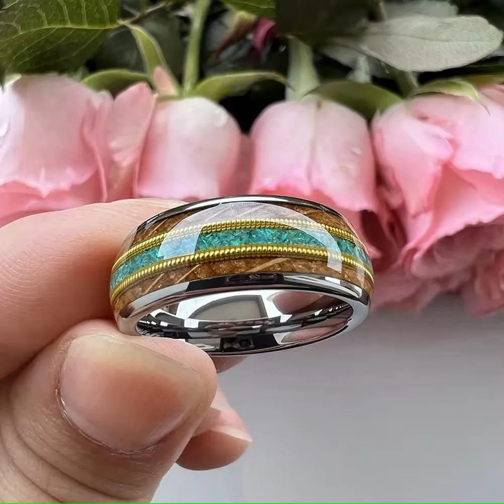 Men's Wood Guitar String Opal Inlay Comfort Fit Tungsten Ring