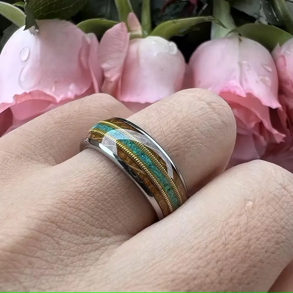 Men's Wood Guitar String Opal Inlay Comfort Fit Tungsten Ring