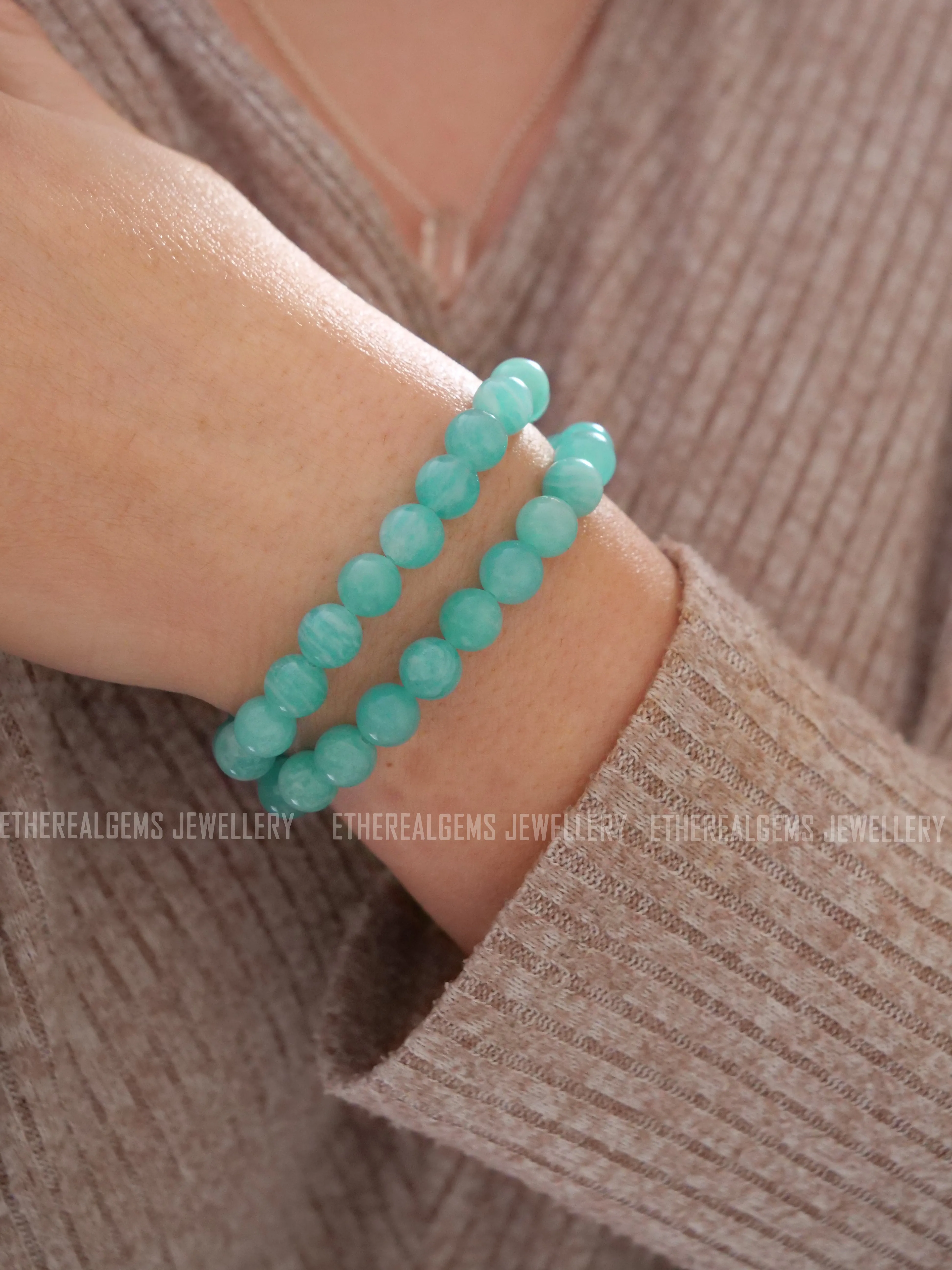 Mozambique Amazonite 8mm Beaded Natural Gemstone Elastic Bracelet, Genuine Top Grade Gift Jewelry, Men Women Fashion Crystal Energy Jewellery