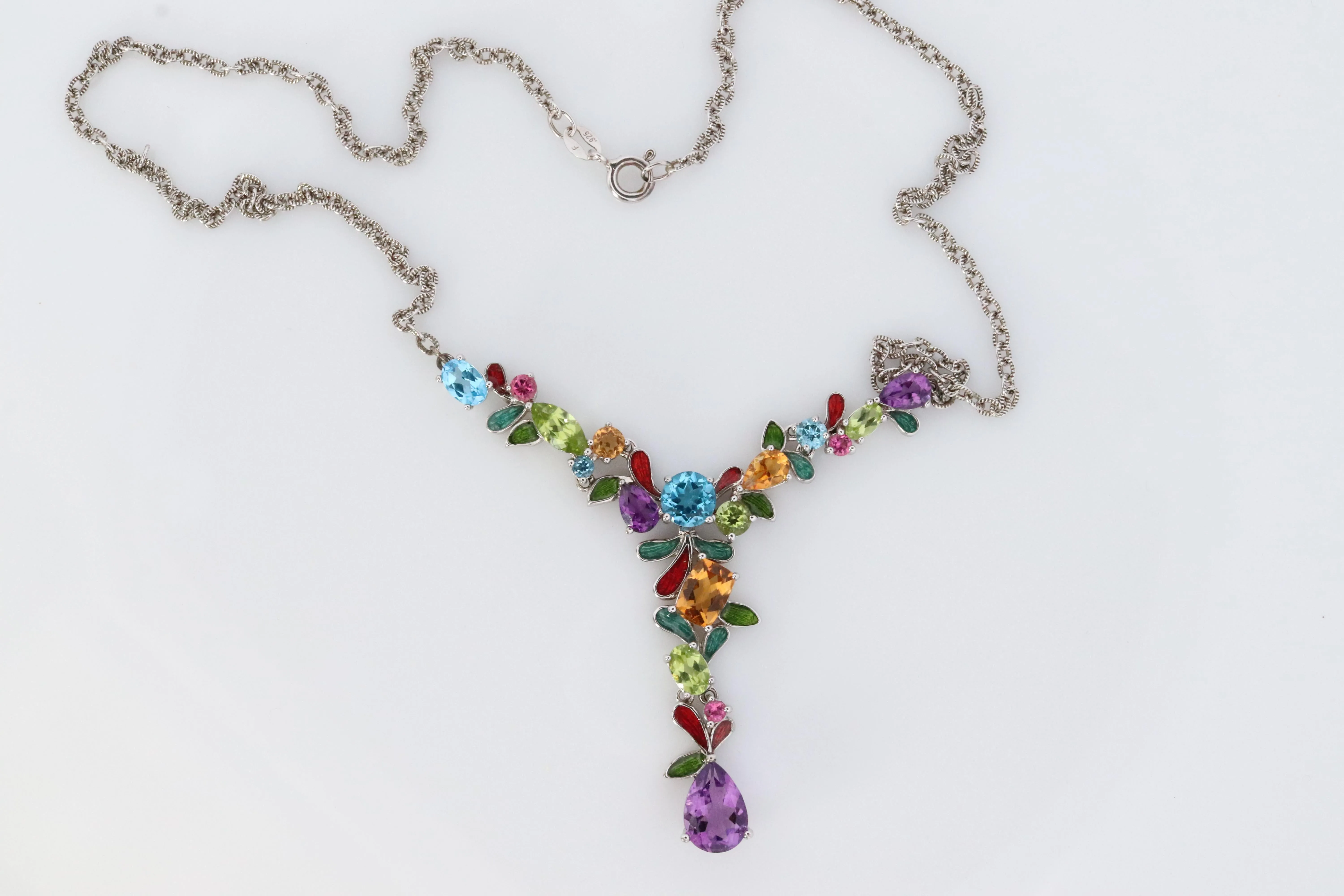 Multi Gem Layered Necklace. Multi-Color Gem Sterling Silver Cocktail Necklace.