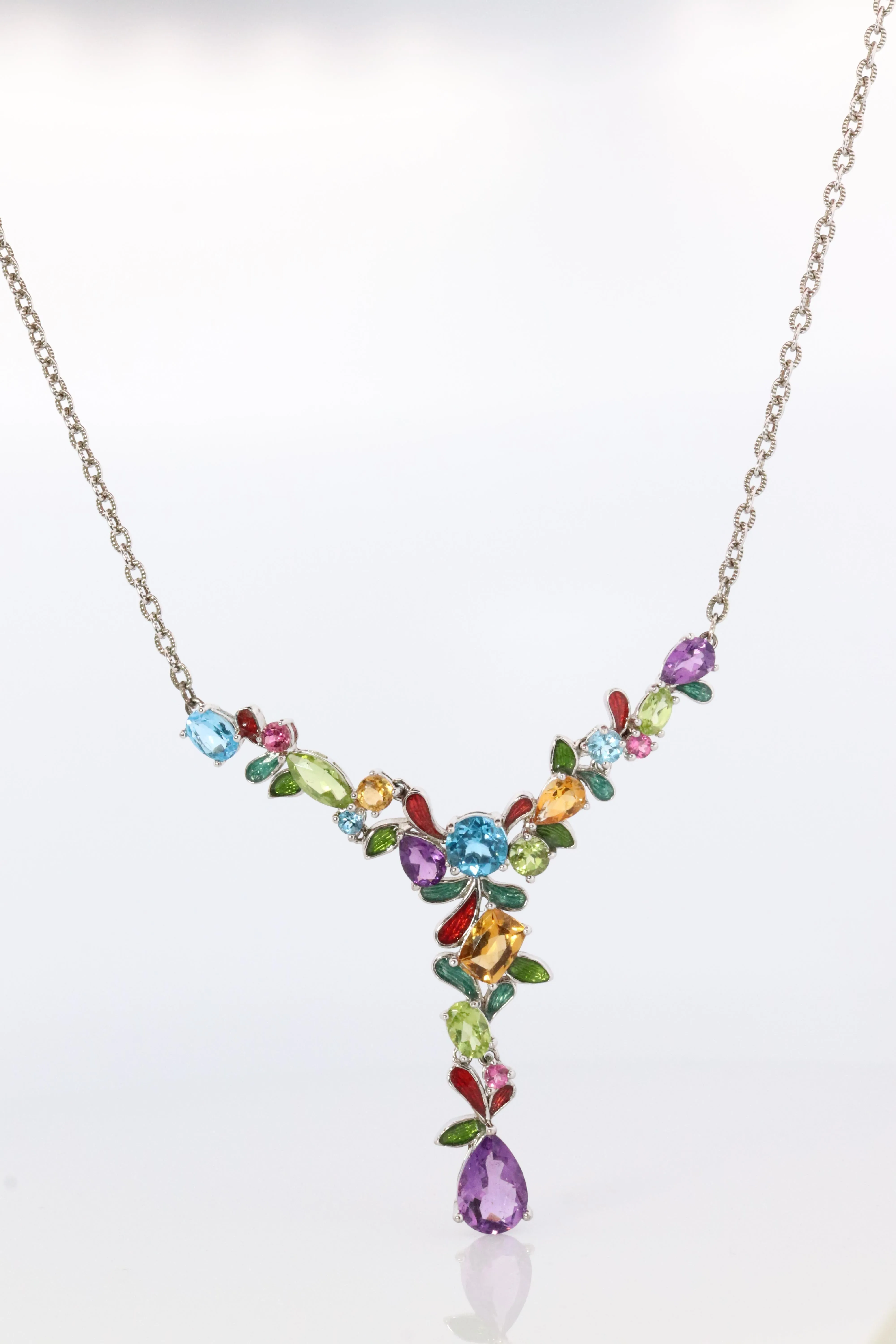 Multi Gem Layered Necklace. Multi-Color Gem Sterling Silver Cocktail Necklace.