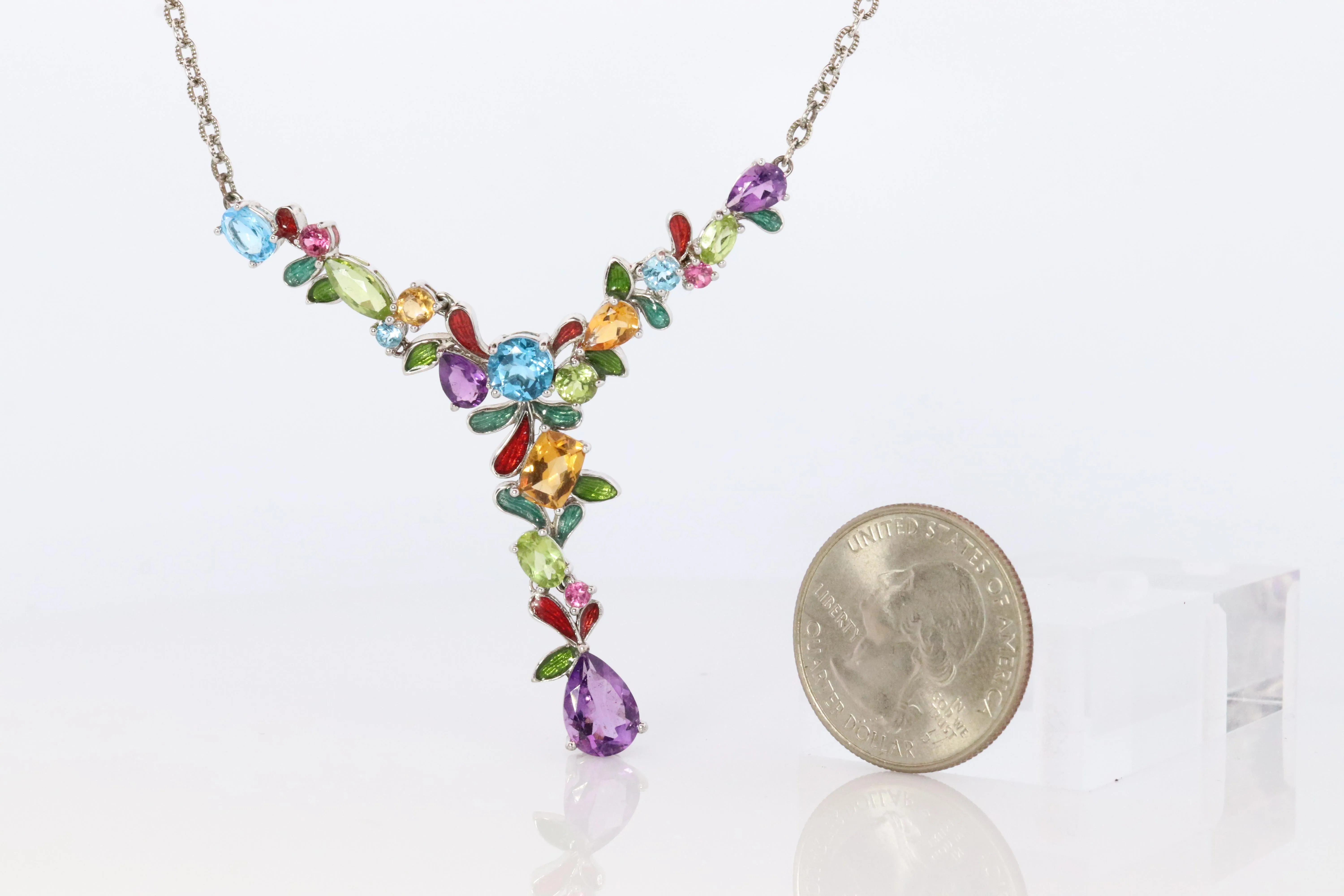 Multi Gem Layered Necklace. Multi-Color Gem Sterling Silver Cocktail Necklace.