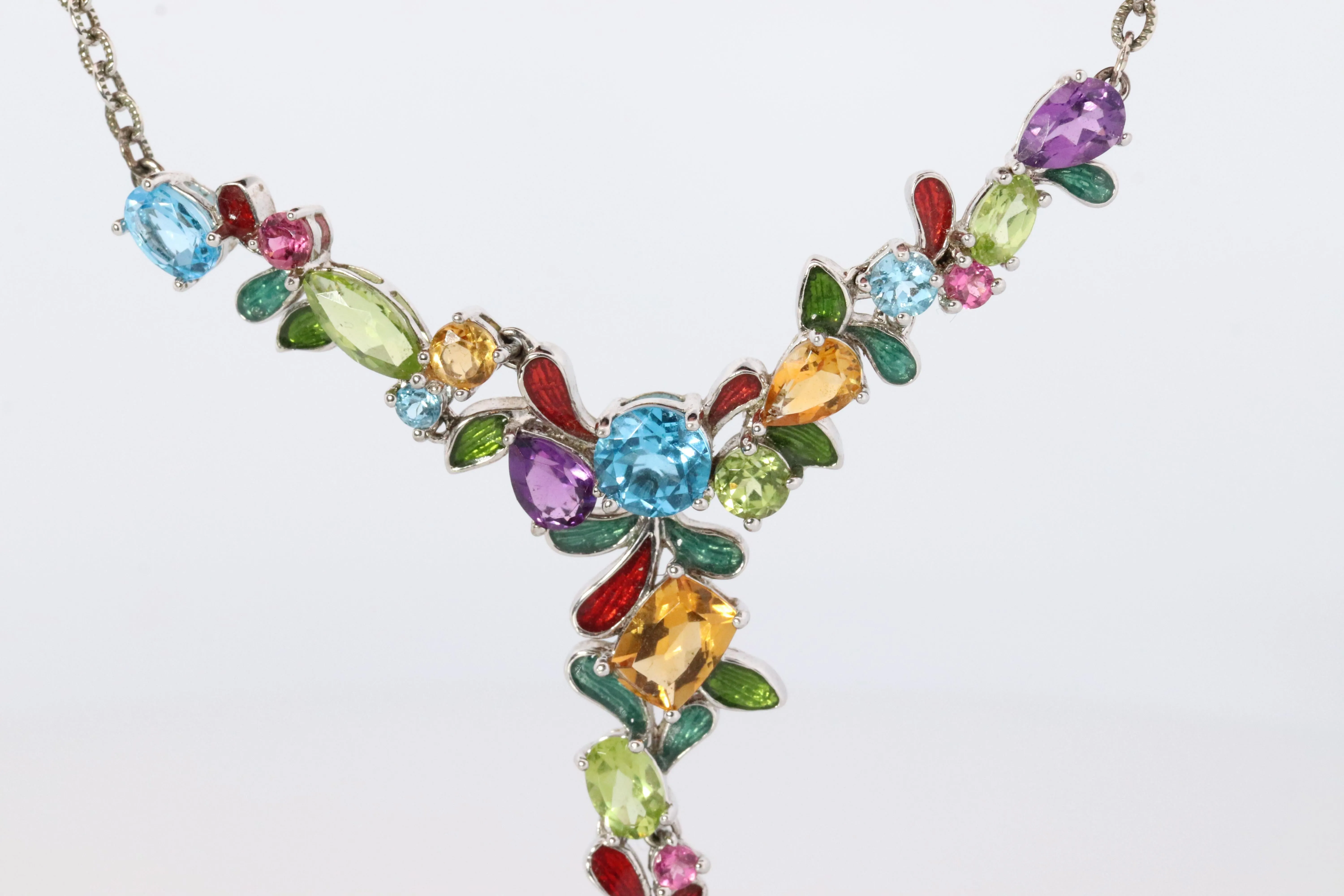 Multi Gem Layered Necklace. Multi-Color Gem Sterling Silver Cocktail Necklace.