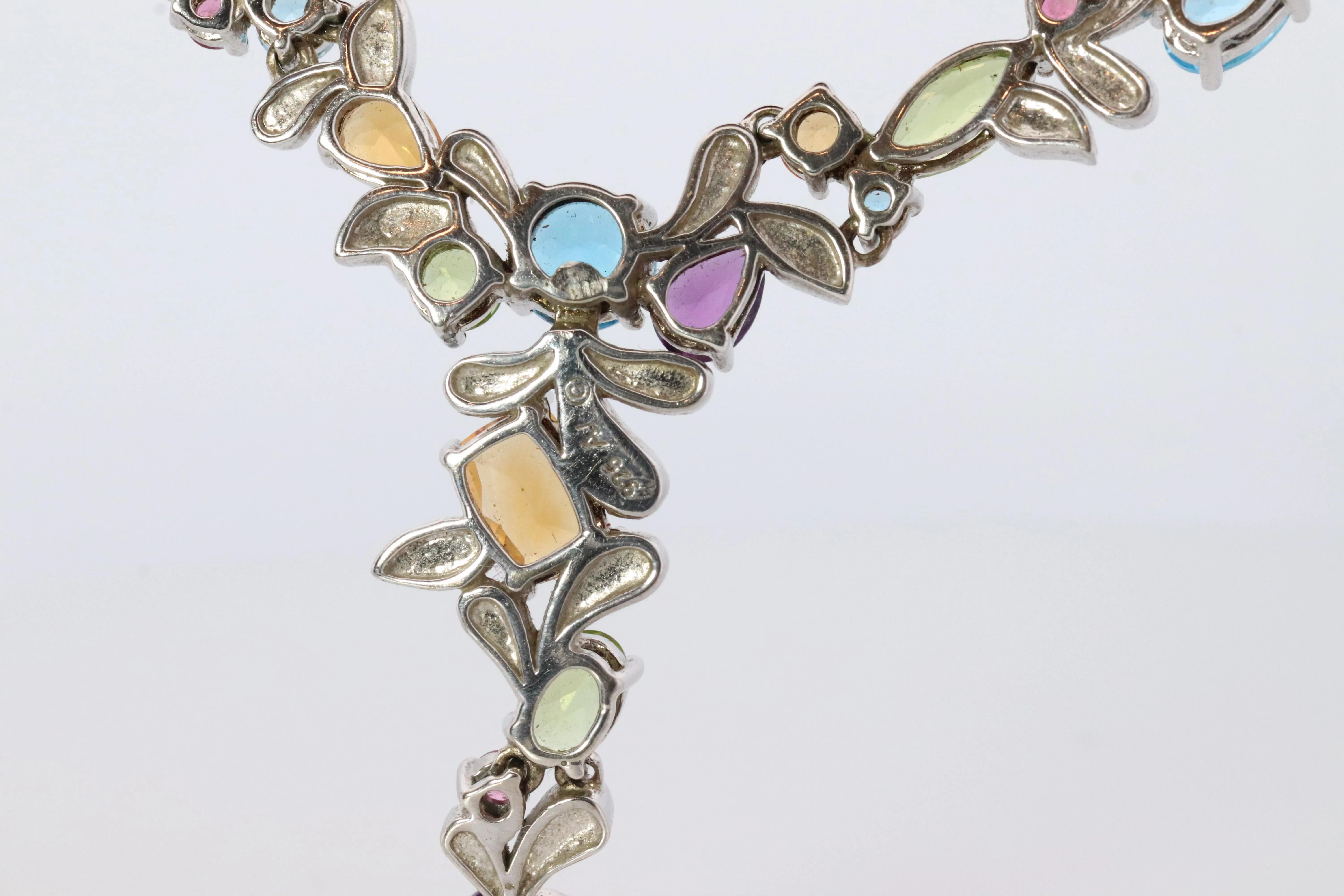 Multi Gem Layered Necklace. Multi-Color Gem Sterling Silver Cocktail Necklace.