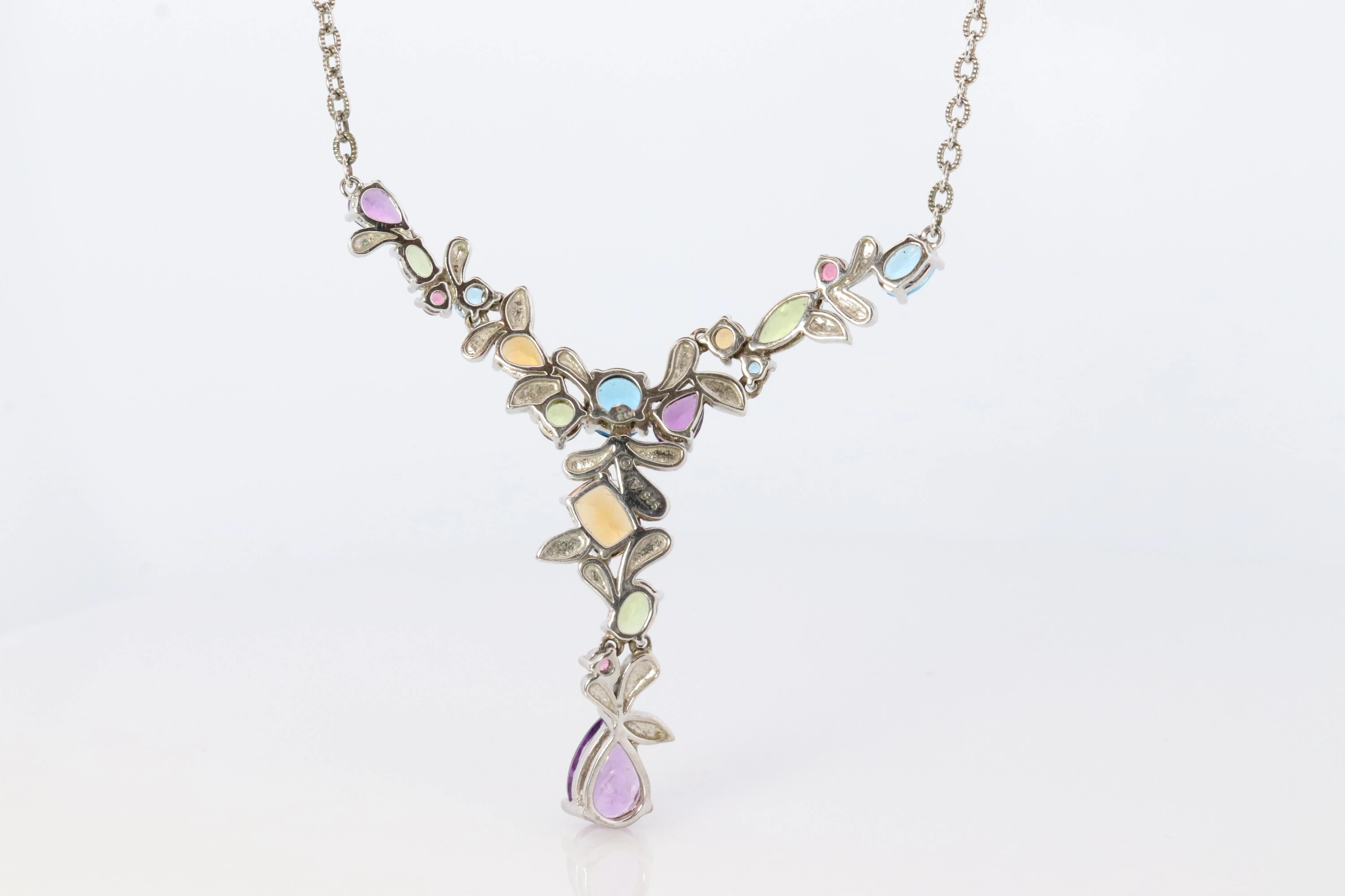 Multi Gem Layered Necklace. Multi-Color Gem Sterling Silver Cocktail Necklace.
