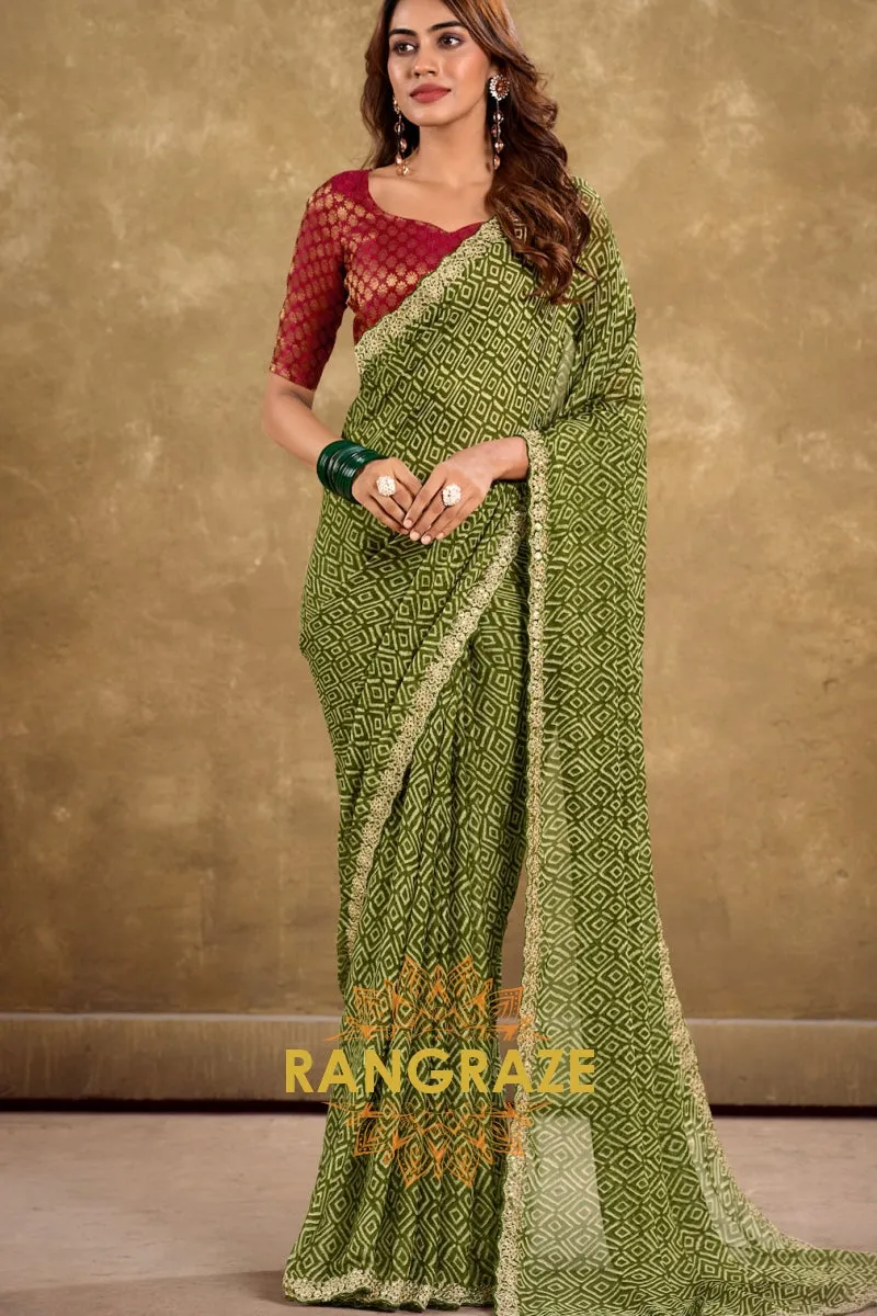 Olive Green Pure Chiffon Saree with Geometric Prints and Embroidered Border