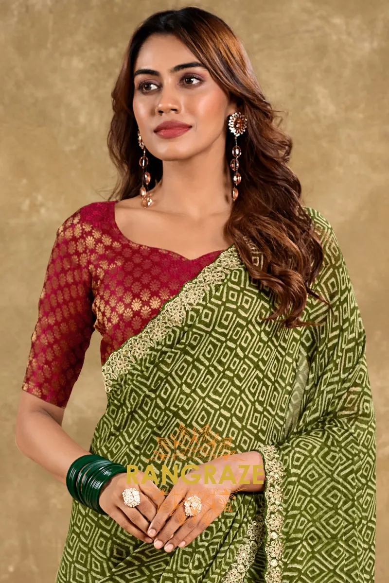 Olive Green Pure Chiffon Saree with Geometric Prints and Embroidered Border
