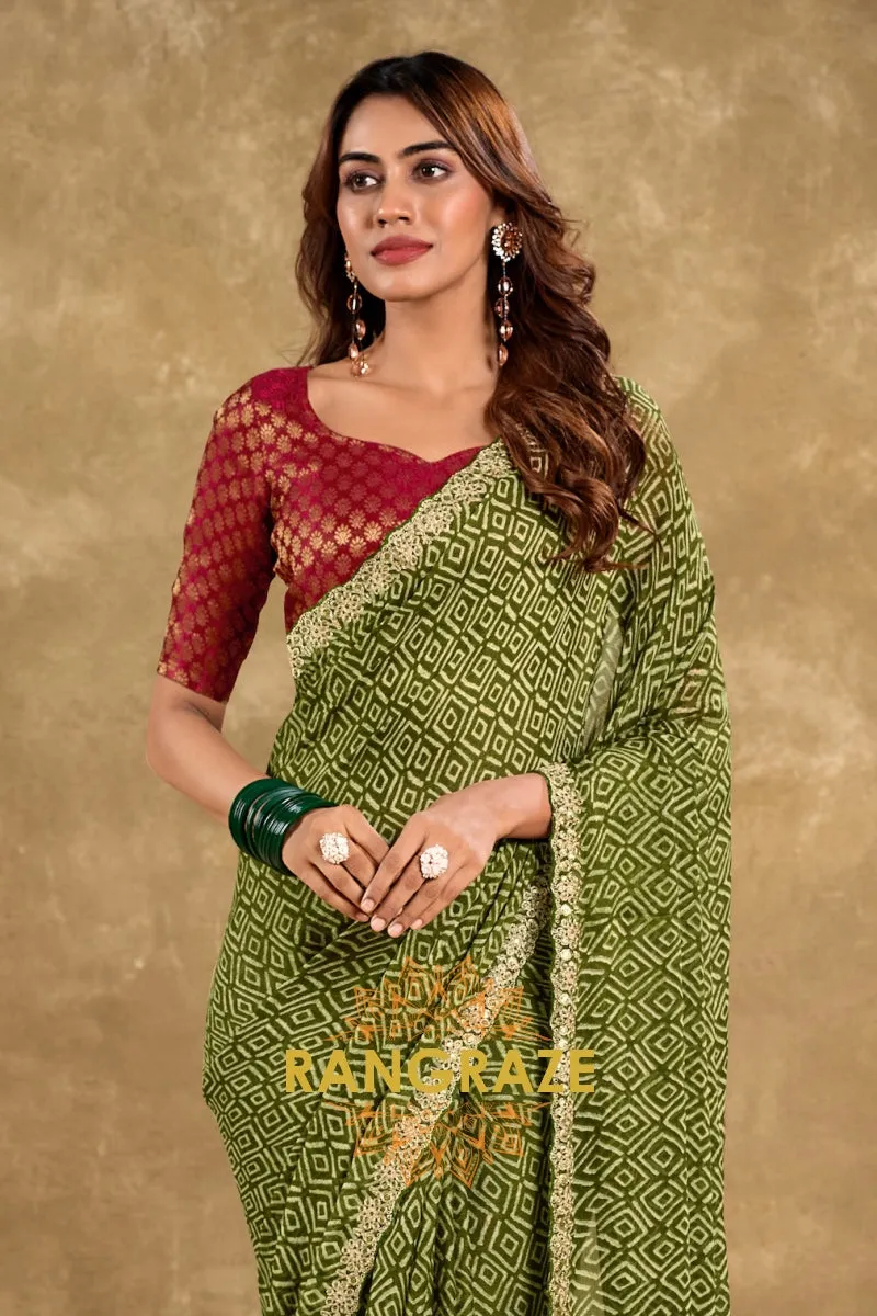 Olive Green Pure Chiffon Saree with Geometric Prints and Embroidered Border