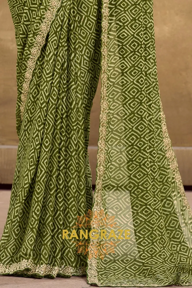 Olive Green Pure Chiffon Saree with Geometric Prints and Embroidered Border