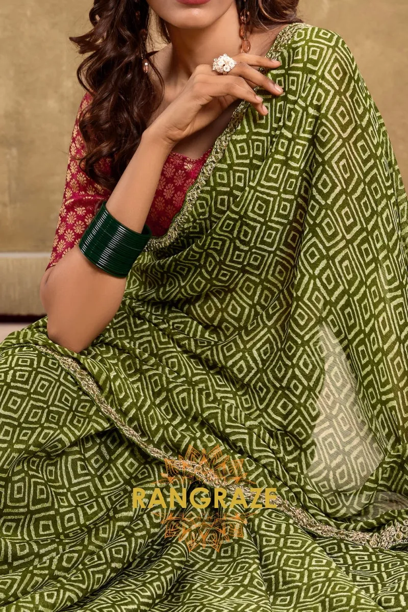 Olive Green Pure Chiffon Saree with Geometric Prints and Embroidered Border