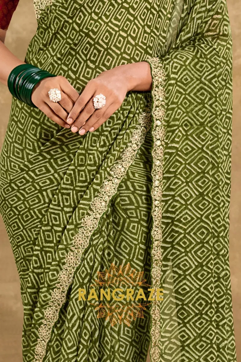 Olive Green Pure Chiffon Saree with Geometric Prints and Embroidered Border
