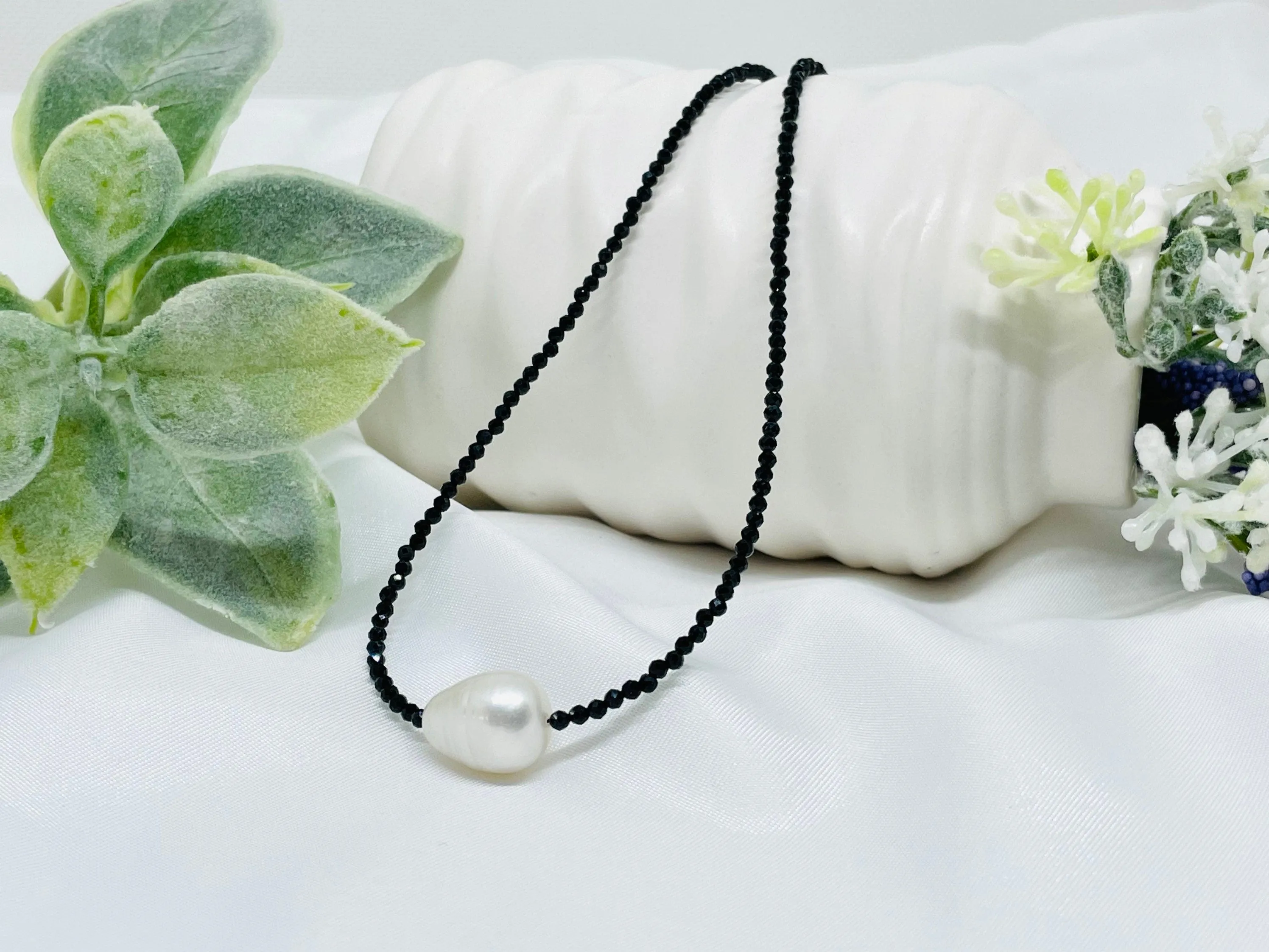 Onyx and Baroque Pearl Choker Necklace