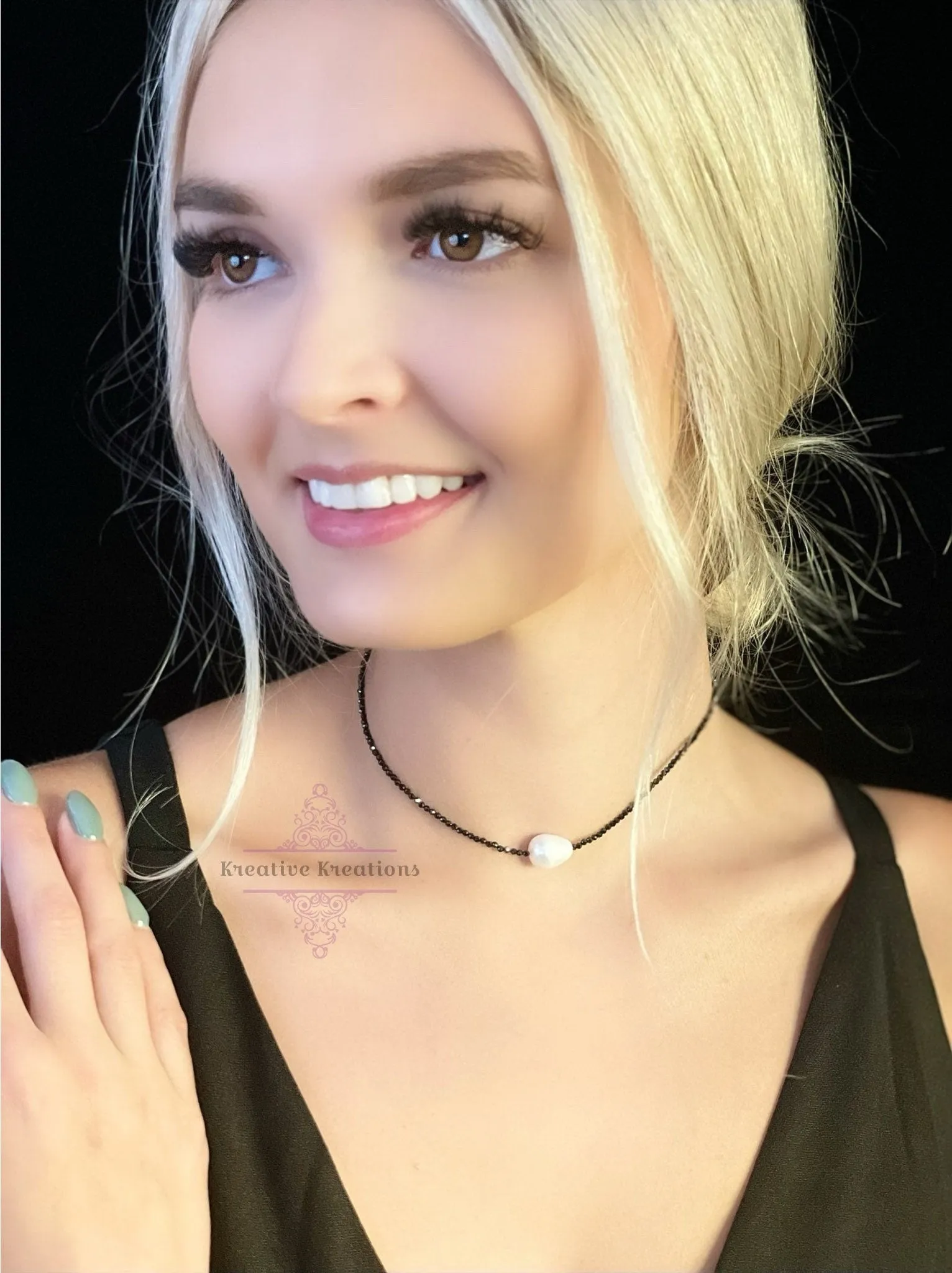 Onyx and Baroque Pearl Choker Necklace