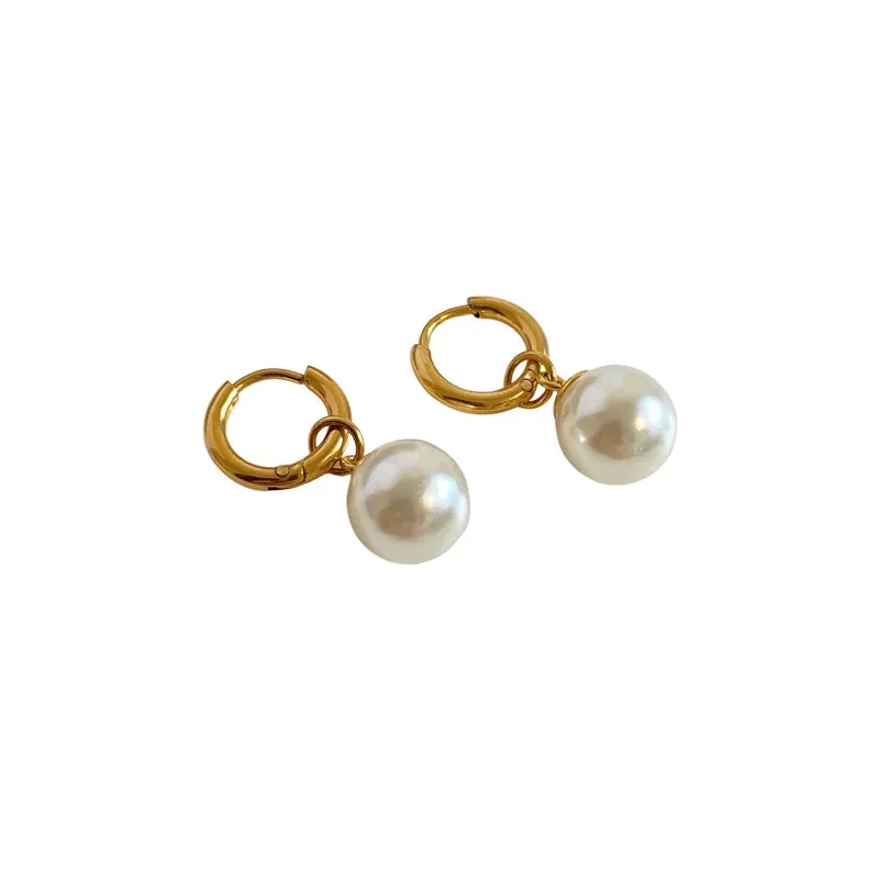Pearl Drop Hoop Earrings Gold