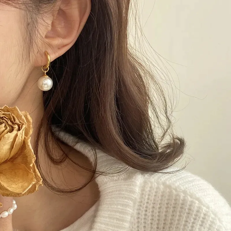 Pearl Drop Hoop Earrings Gold