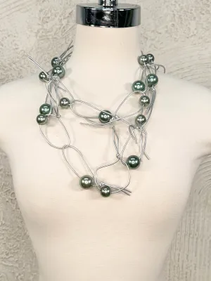 Pearls on Leatherette Chain Necklace, Silver/Grey