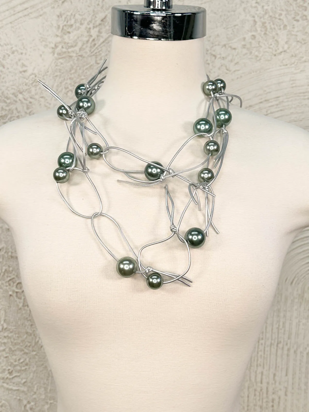 Pearls on Leatherette Chain Necklace, Silver/Grey
