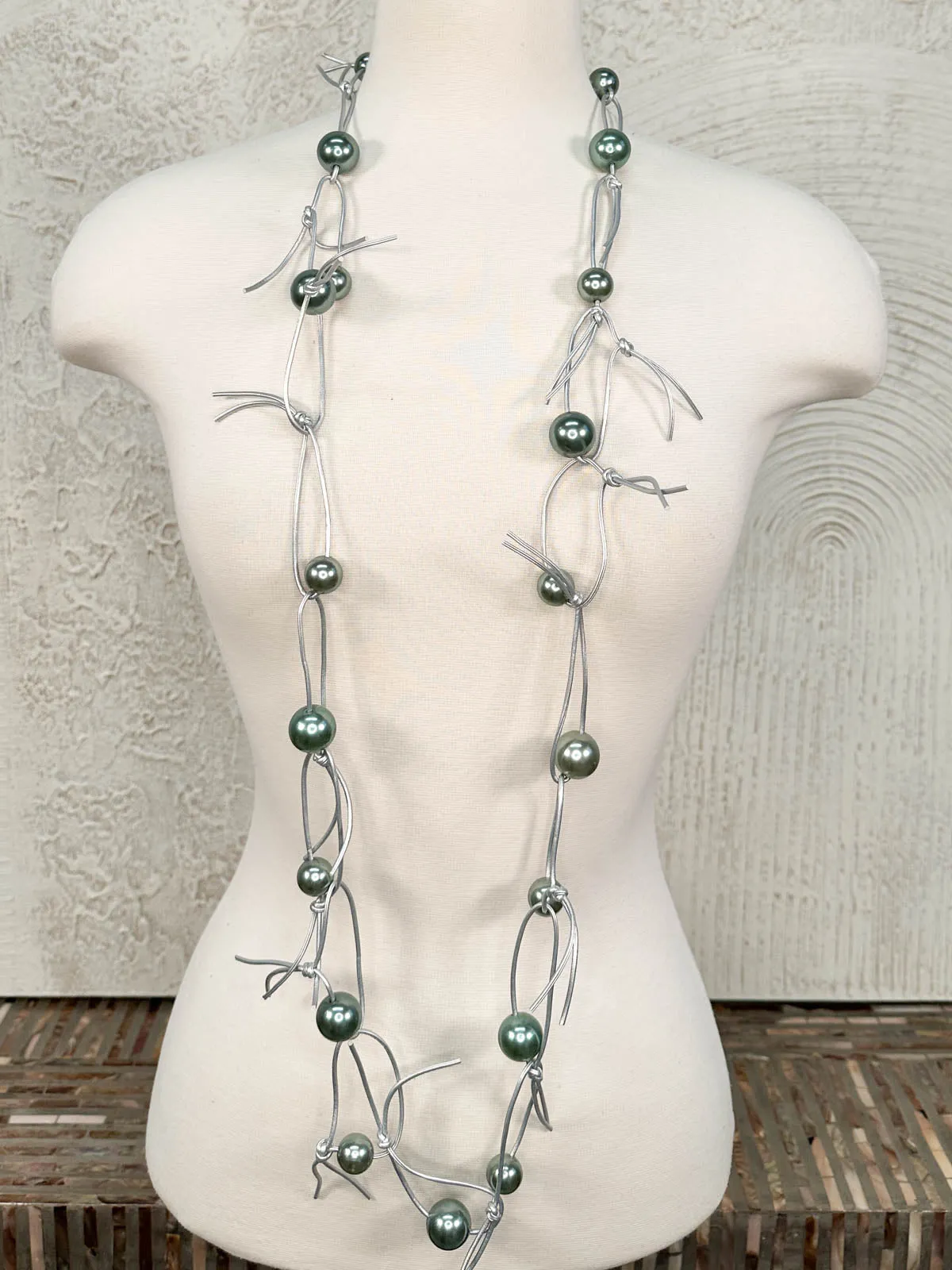 Pearls on Leatherette Chain Necklace, Silver/Grey