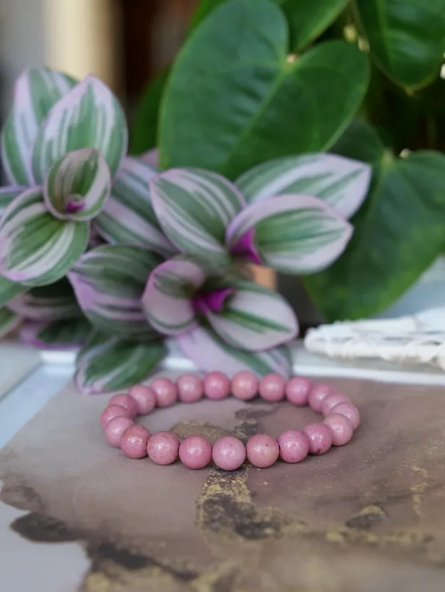 Pink Rhodonite 8mm Beaded Natural Gemstone Elastic Bracelet, Genuine Top Grade Gift Jewelry, Men Women Crystal Energy Jewellery