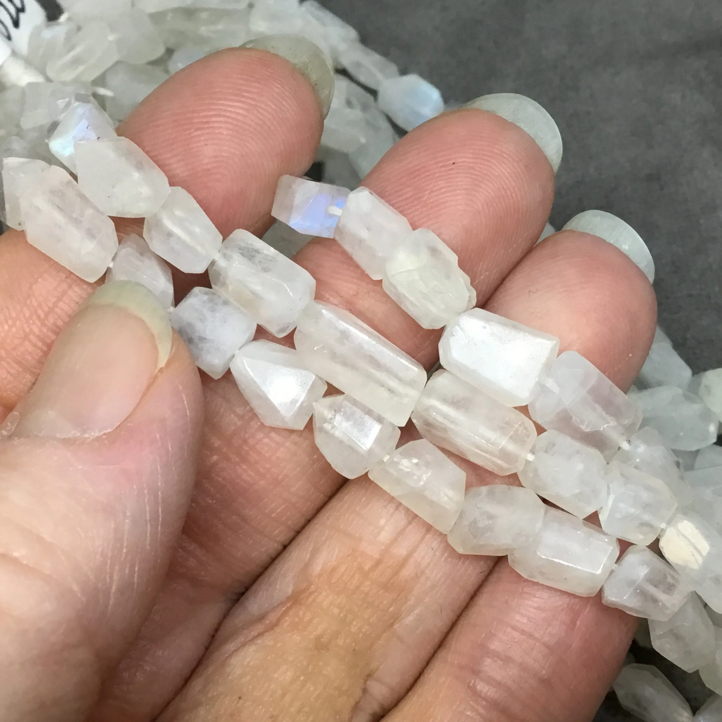 Rainbow Moonstone Faceted Freeform Nugget Beads - 8mm, Iridescent Milky White, 12.5" Strand (Approx. 35 Beads)