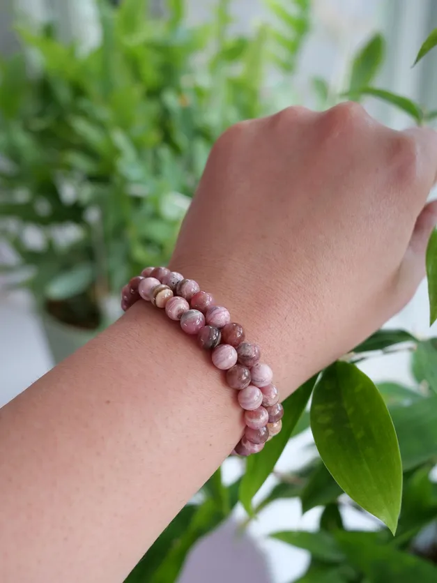 Rhodochrosite 7mm Beaded Natural Gemstone Elastic Bracelet, Genuine Top Grade Gift Jewelry, Men Women Fashion Crystal Energy Jewellery