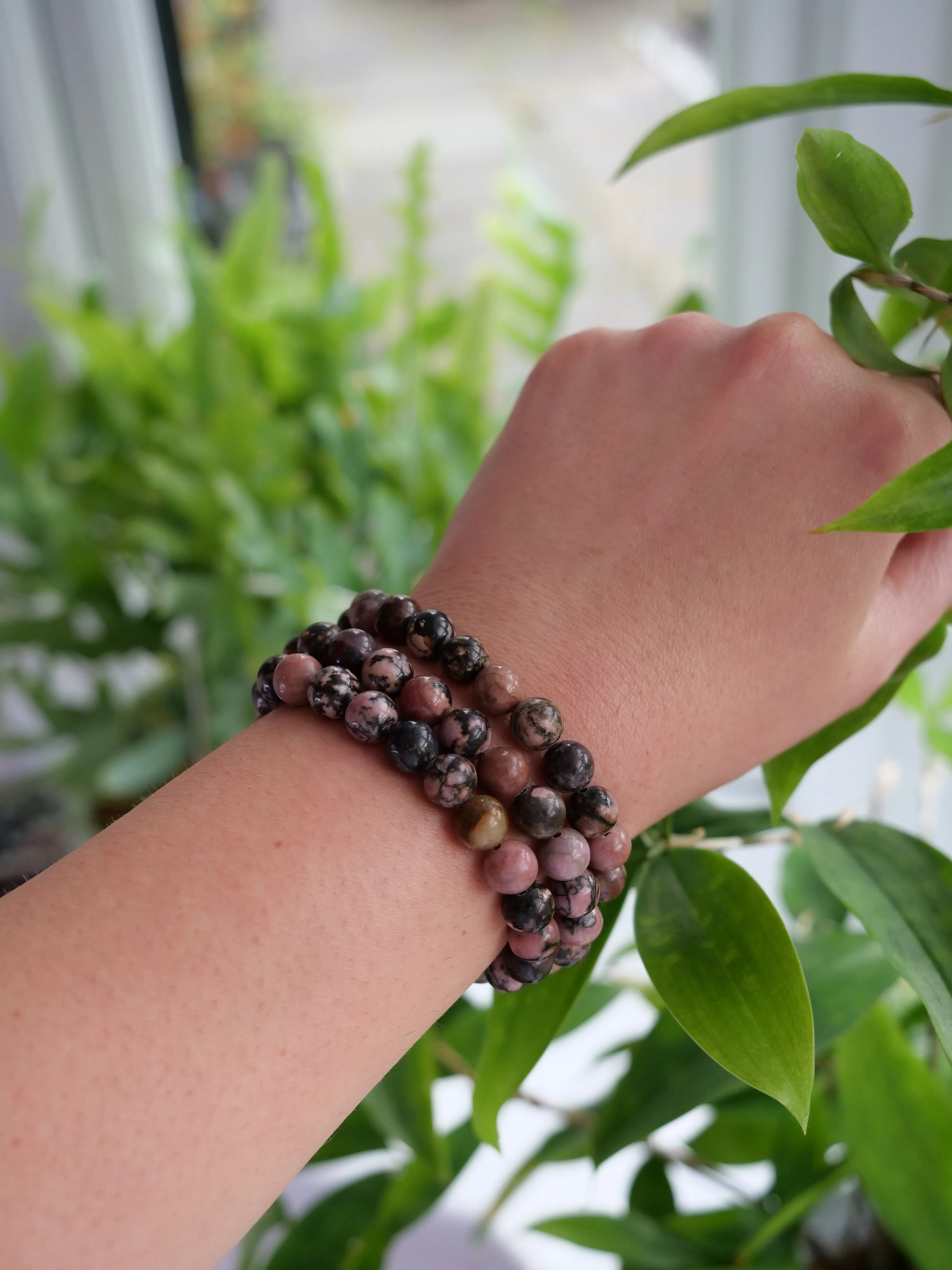 Rhodonite 8mm Beaded Natural Gemstone Elastic Bracelet, Genuine Top Grade Gift Jewelry, Men Women Fashion Crystal Energy Jewellery